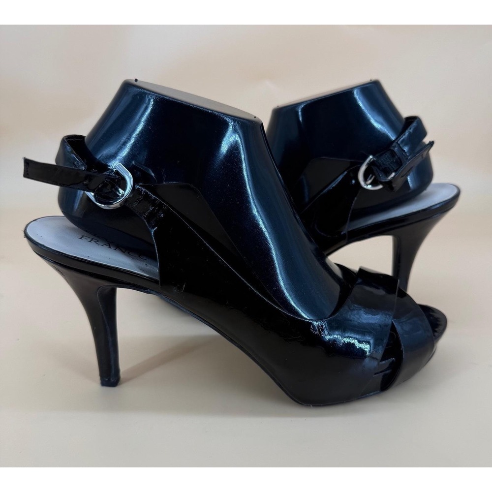 Franco Sarto Women 8 Black Patent Leather Peep Toe‎ Ankle Strap Buckle Pumps